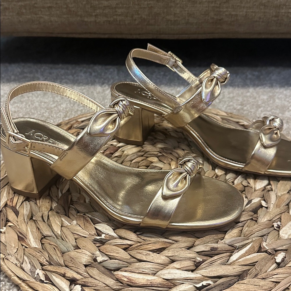 Light Gold Faux-Leather Double-Bow Heel Sandals from J Crew in Size 8.5